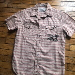 Men's Plaid Button Down Shirt with Embroidered Design